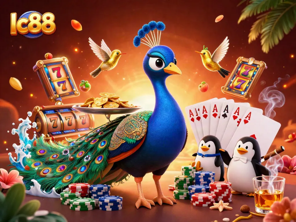 Experience the excitement of gambling with lc88, featuring vibrant 3D characters and slot machine elements.