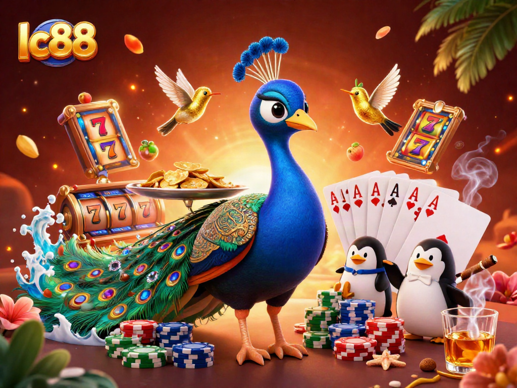 Experience the excitement of gambling with lc88, featuring vibrant 3D characters and slot machine elements.