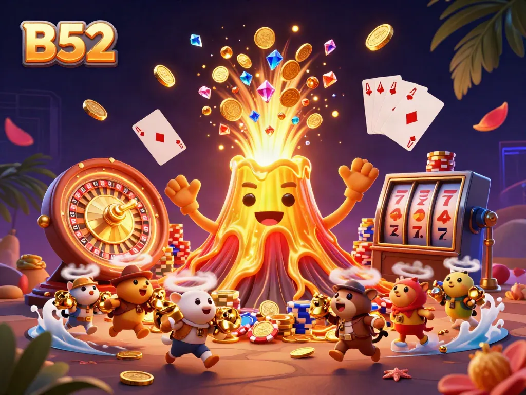 Experience the thrill with the golden volcano emitting treasure, symbolizing B52 casino excitement.