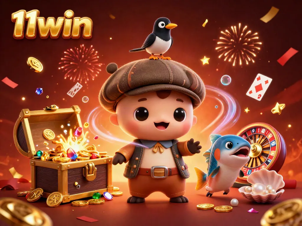 11win casino adventure featuring playful characters and jackpot symbols amidst colorful celebration.