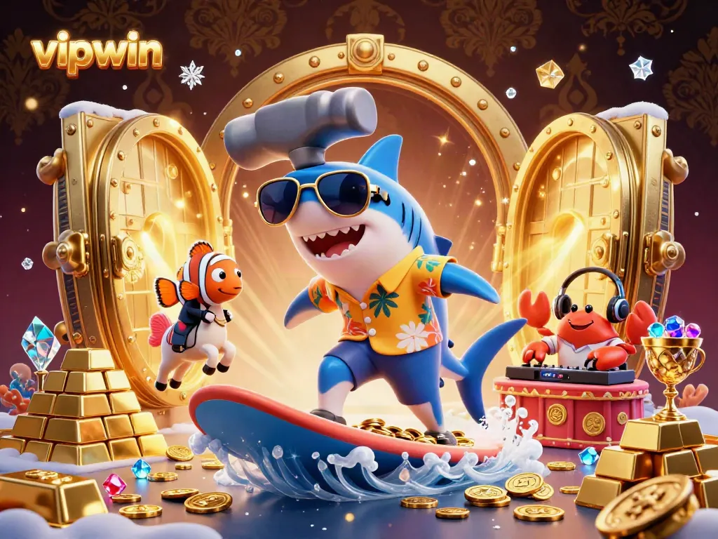 Experience the excitement of vipwin's underwater casino with 3D characters surfing on gold coins amidst sparkling treasures.