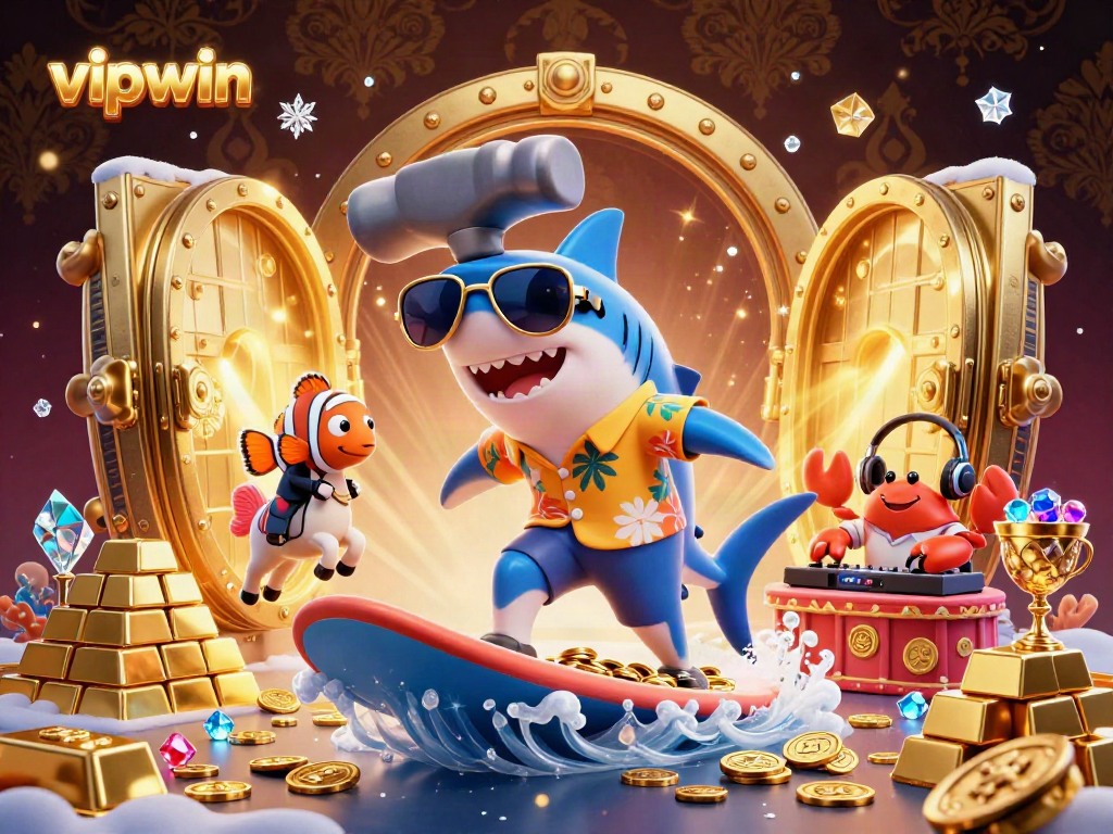 Experience the excitement of vipwin's underwater casino with 3D characters surfing on gold coins amidst sparkling treasures.