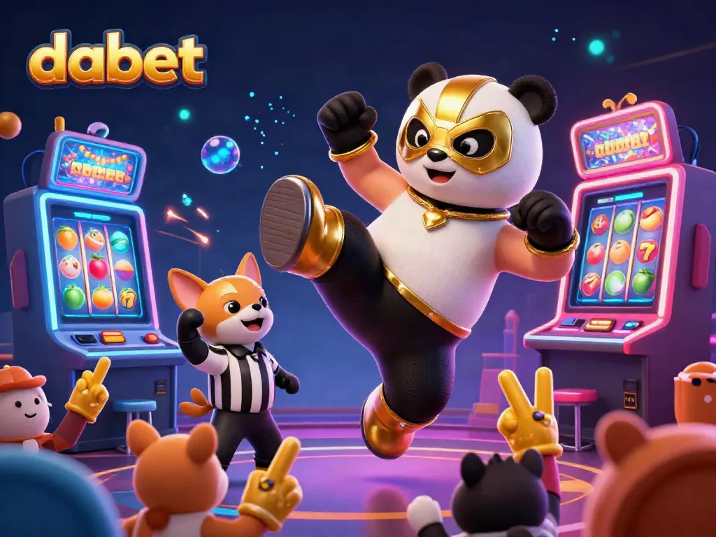 Dabet's thrilling online casino scene featuring a lively panda wrestler and energetic spectators celebrating big wins at the slots.