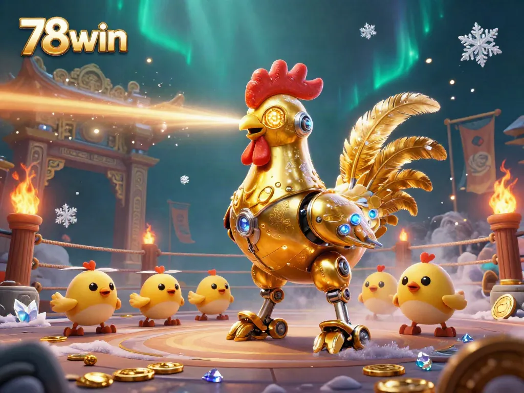 Engage in the dynamic casino world of 78win with a vivid scene showcasing a golden rooster robot and baby chick drones among many gaming elements.