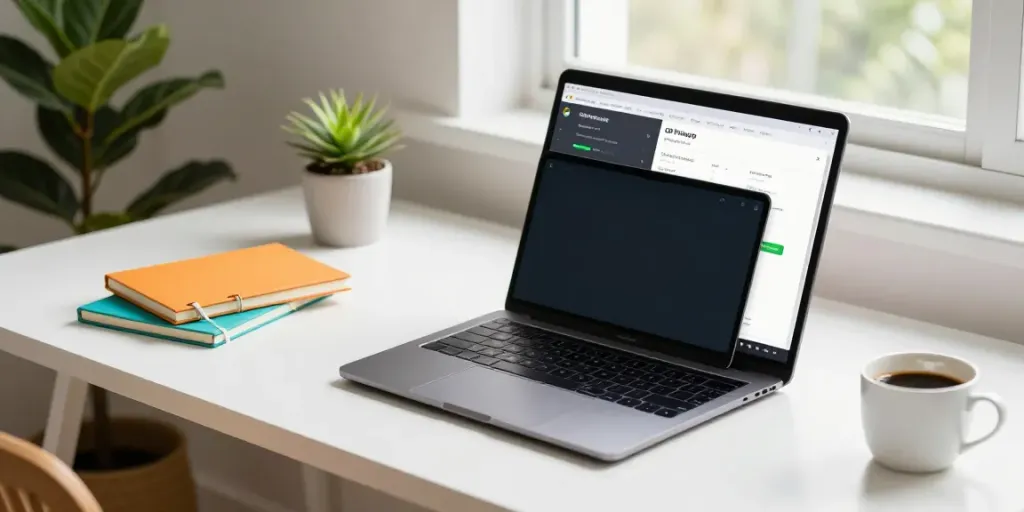 User exploring GB WhatsApp on smartphone in a bright home office setting, emphasizing modern communication.