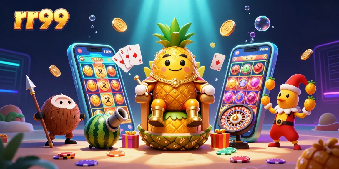 Engage and win with rr99 at a vibrant casino scene featuring a golden pineapple king and colorful games.