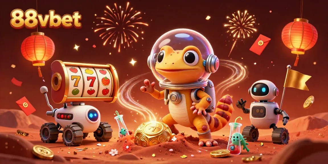 Engage with 88vbet's vibrant Martian casino adventure featuring a cheerful gecko and dynamic gaming elements.
