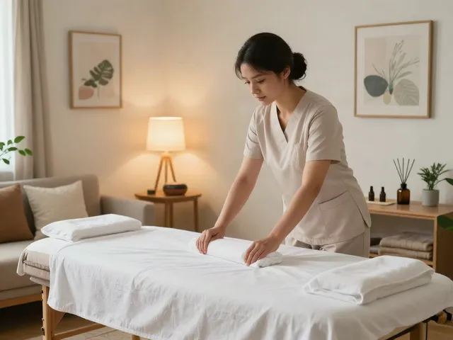 Relaxing 의왕출장안마 massage scene with therapist preparing treatment area