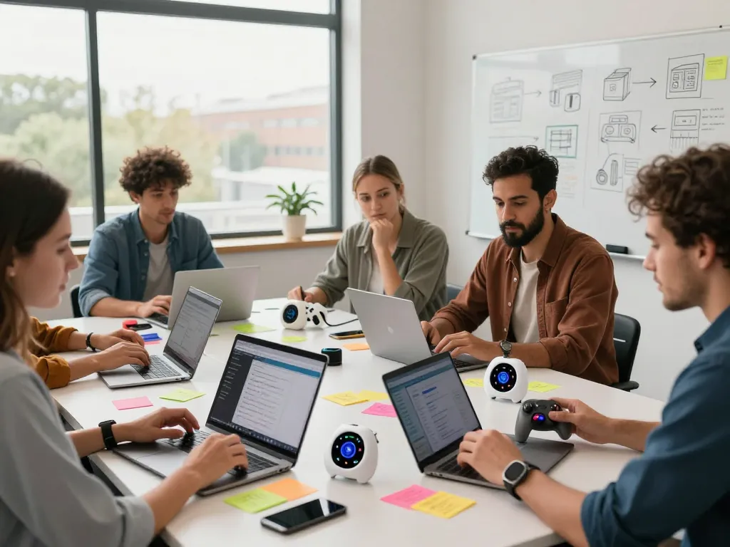 Exploring unique tech gadgets in a vibrant workspace with Bluetooth controllers and smart devices on display.