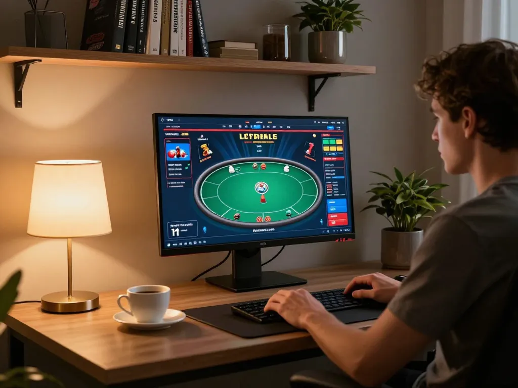 Engaging scene of online gambling setup featuring game bài đổi thưởng uy tín on a high-resolution monitor in a cozy home office.