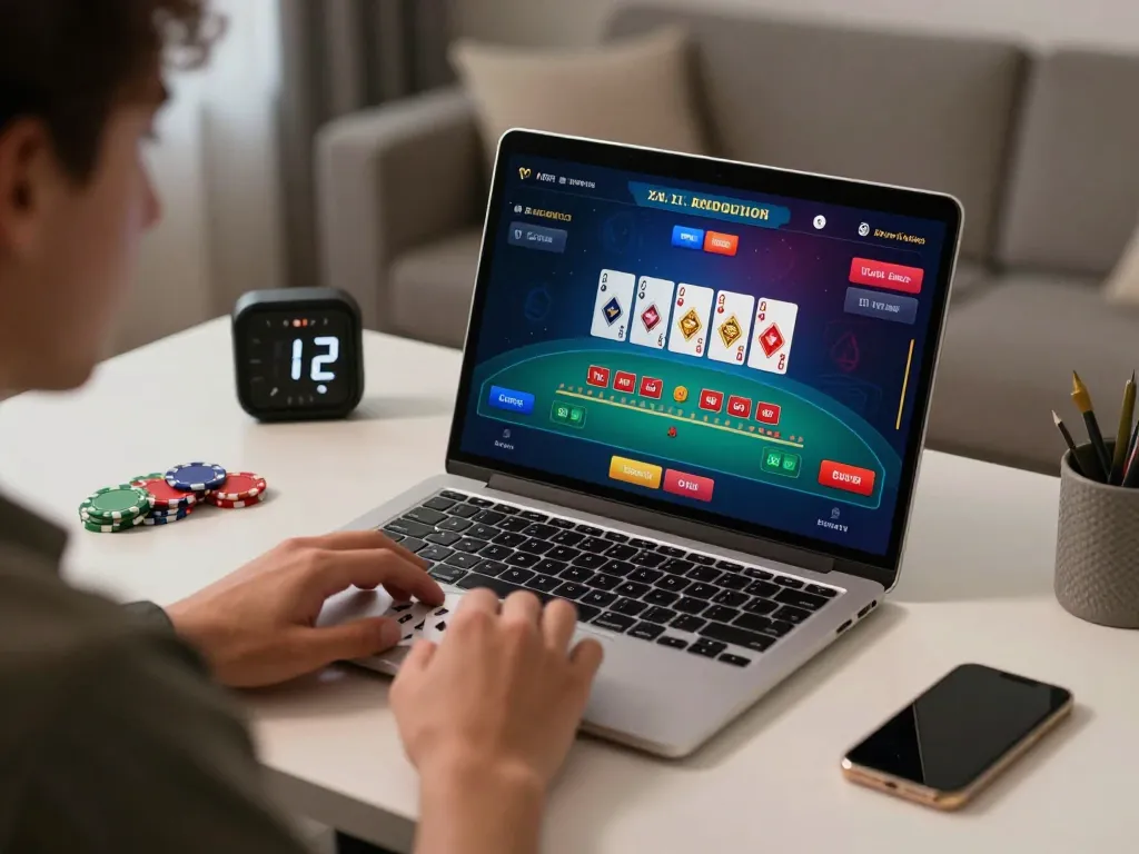 Engaging in a live dealer game on LU88, showcasing strategic gameplay and modern home setting.