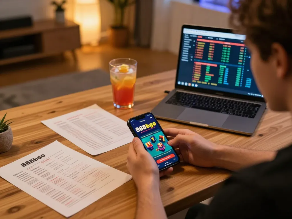 Player exploring the 888bgo casino app on smartphone while reviewing betting strategies at home.