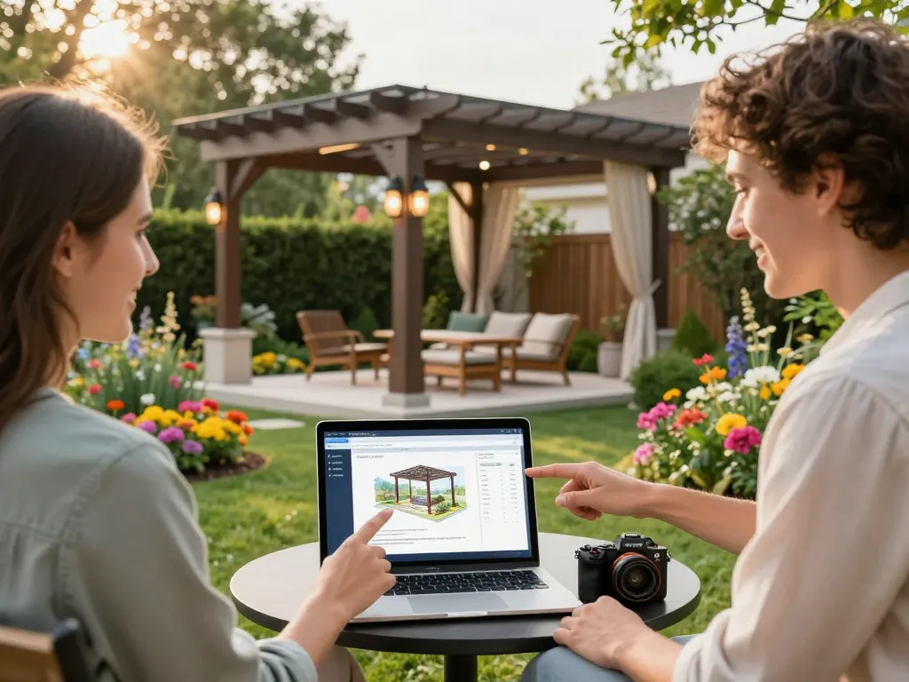 Engaging scene with homeowners using Pergola Configurator Software to visualize custom pergola designs in real-time among a vibrant garden.