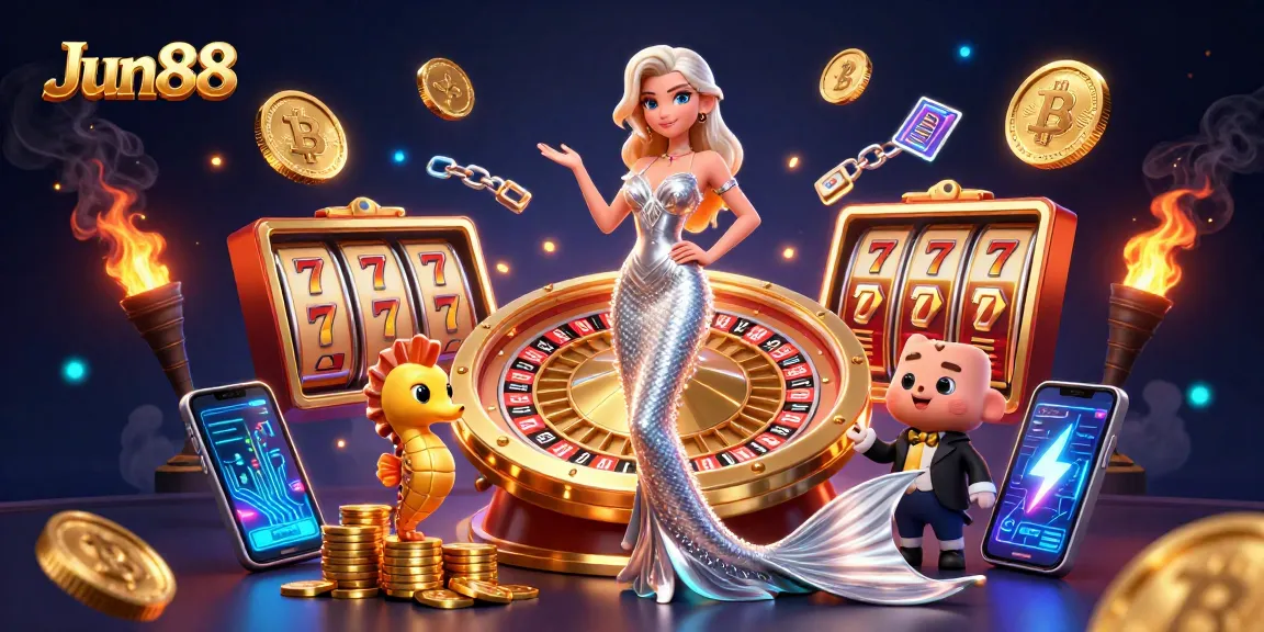 Experience the excitement of Jun88 with roulette, slots, and digital elements in a vibrant 3D scene.