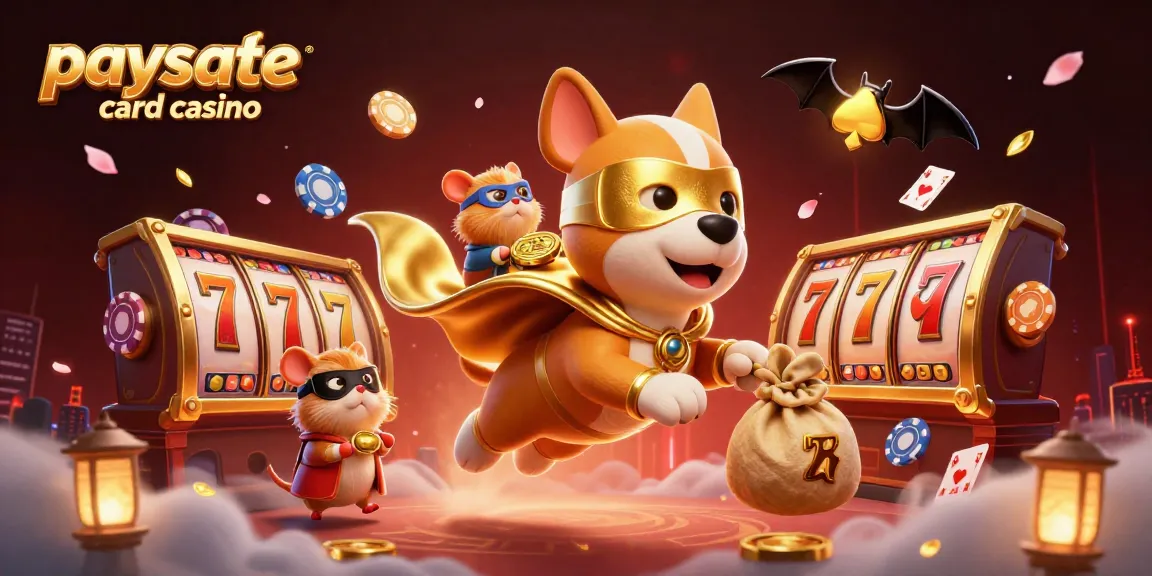 Paysafe Karten Casino zeigt einen heldenhaften Hund und einen Hamster, die eine lebendige Spielwelt mit Goldmünzen durchqueren.
