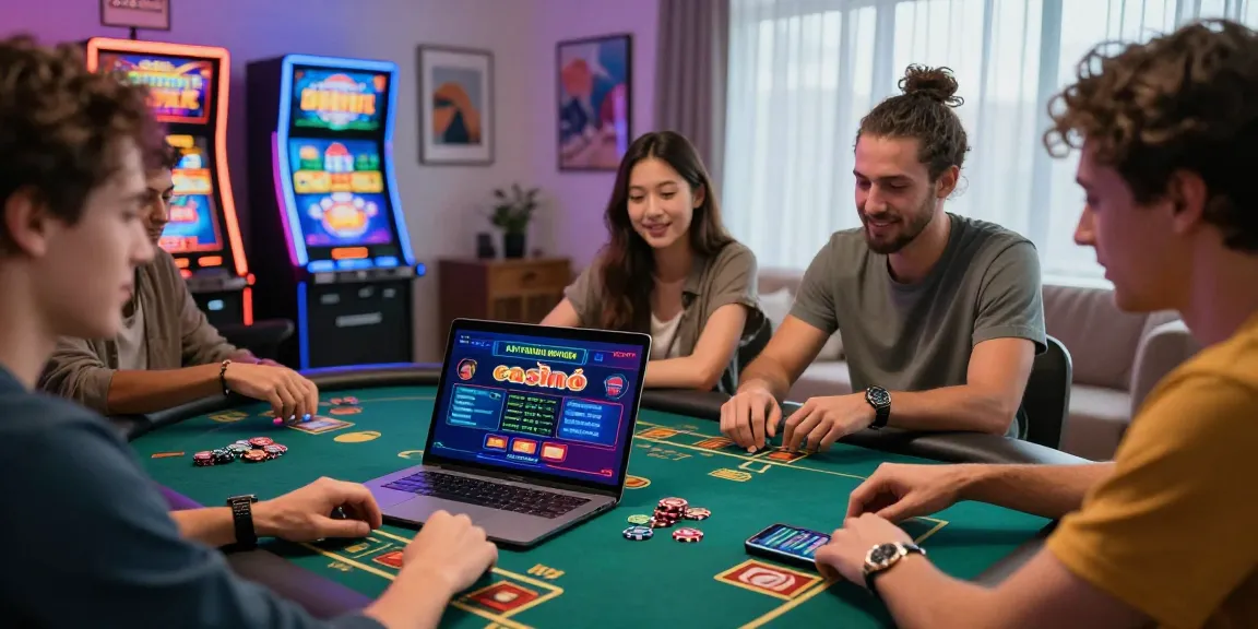 Un gruppo vario che si gode un'esperienza di casinò online non aams in un soggiorno vivace, con laptop e slot machine colorate.