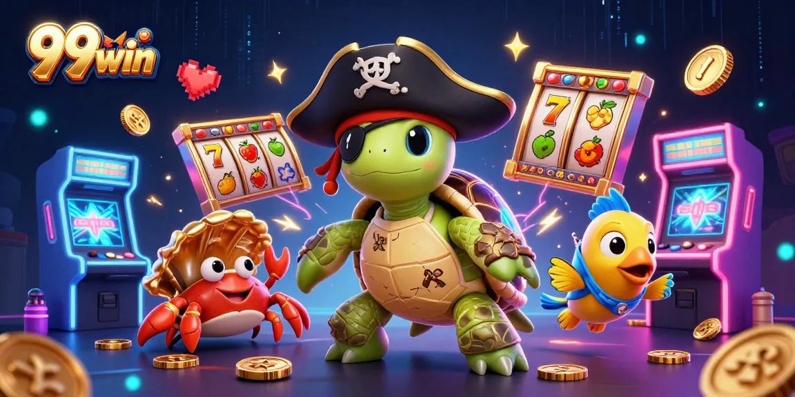 Spin the reels with 99win's vibrant casino-themed 3D pirate scene filled with treasures and games.