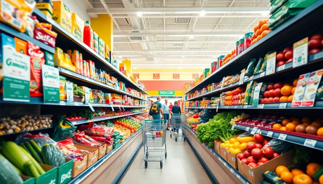 Discover vibrant grocery sales with fresh produce and organized shelves in a bustling supermarket.