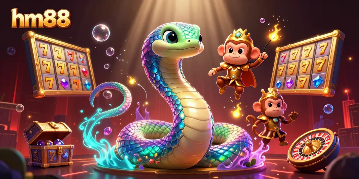 Experience the vibrant hm88 casino world with colorful gems, spinning slot reels, and dynamic characters in action.