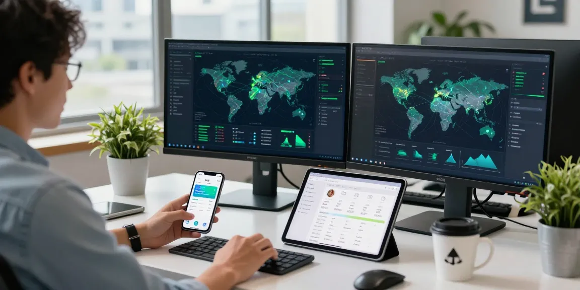 Professional workspace showcasing 快连 tech app interface on monitors, highlighting user feedback and connectivity.