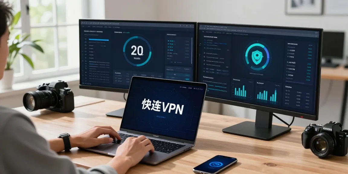 Seamless 快连 VPN connection in a modern office with a laptop and dual monitors.