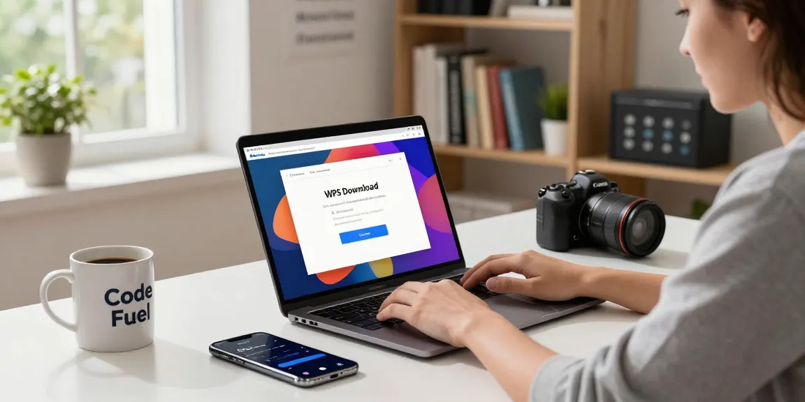 WPS Download page displayed on a laptop in a vibrant tech workspace with productivity elements.