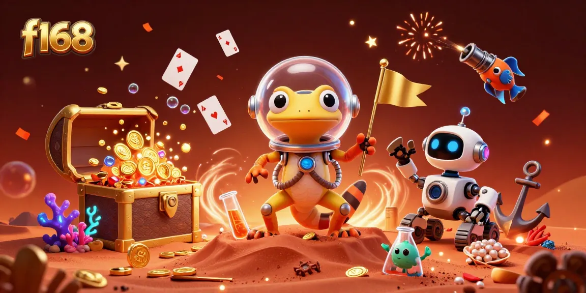 Experience exhilarating wins at f168, featuring a cartoon Martian gecko discovering a golden casino.