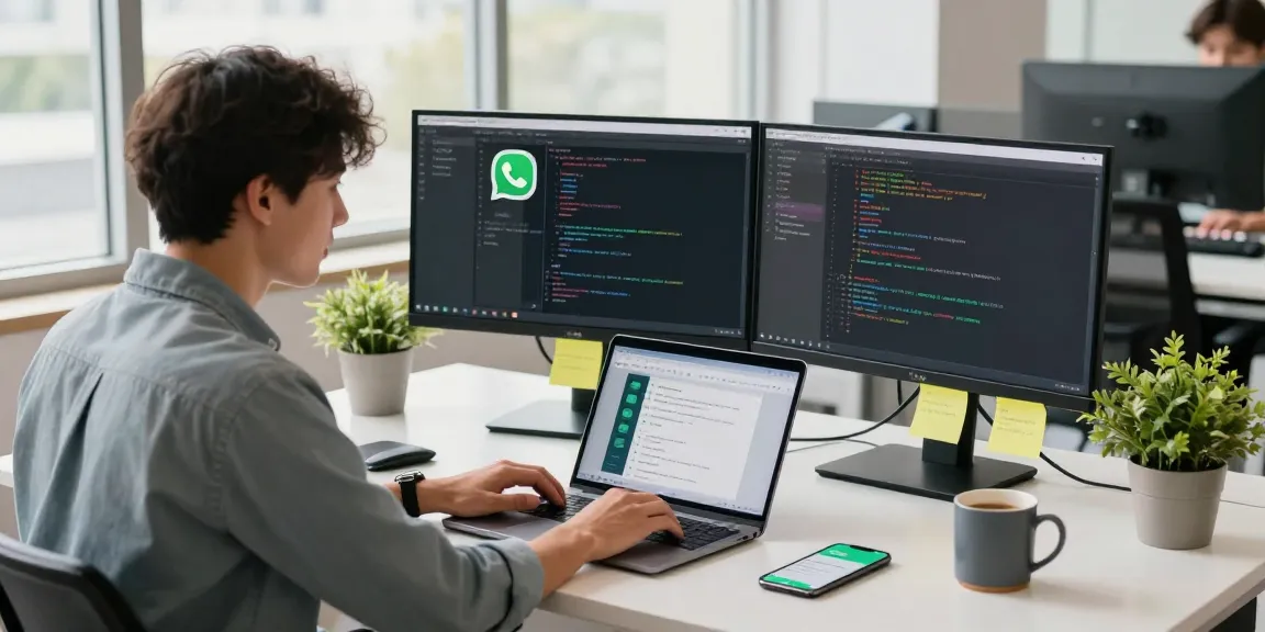 WhatsApp網頁版 shown on dual monitors at a vibrant tech workspace.
