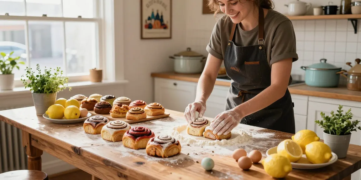 Baked goods Calgary featuring colorful cinnamon buns and fresh ingredients in a warm bakery setting.