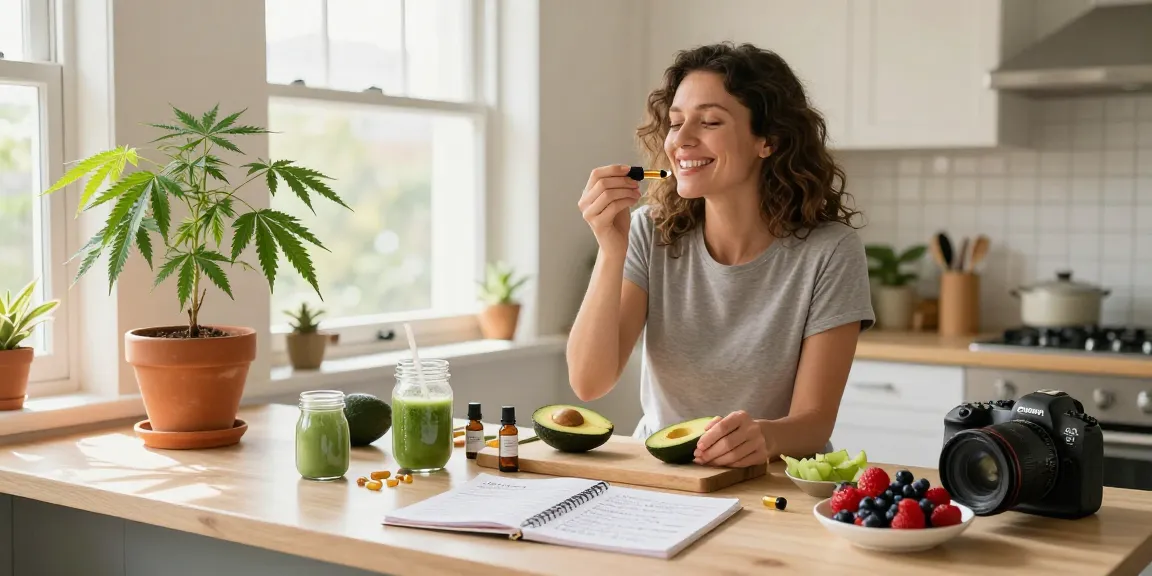 Ministry of Cannabis CBD oil tincture in a bright kitchen with fresh ingredients, promoting natural wellness and health benefits.