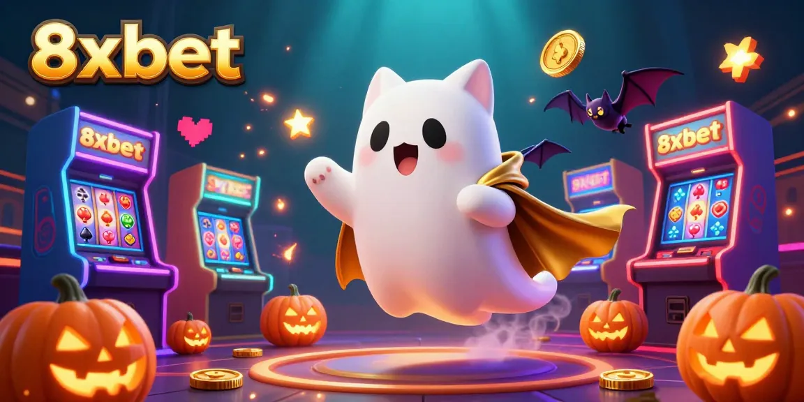Experience the thrilling atmosphere of 8xbet's casino with a cartoon ghost cat and vampire bat in a dynamic gaming scene.