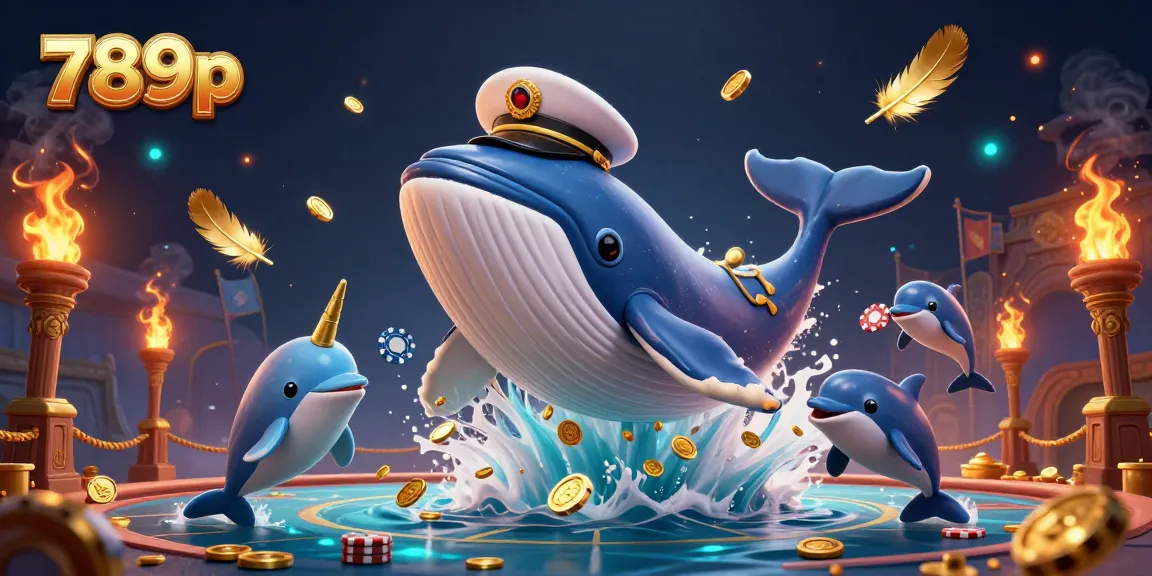 Experience the vibrant world of 789p as a whale and dolphin play amidst coins and chips in an exciting casino.