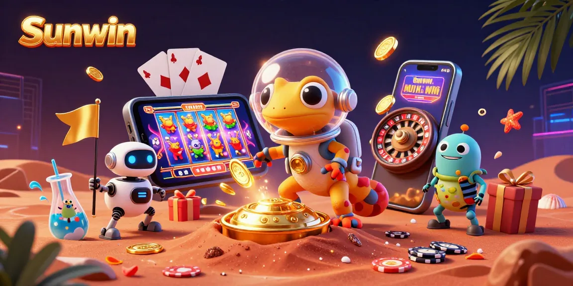 Experience the excitement of Sunwin with a Martian gecko discovering a casino through vibrant gambling elements.