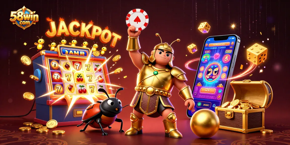 Win big at 58win com with a thrilling jackpot illustration showcasing vibrant casino elements.