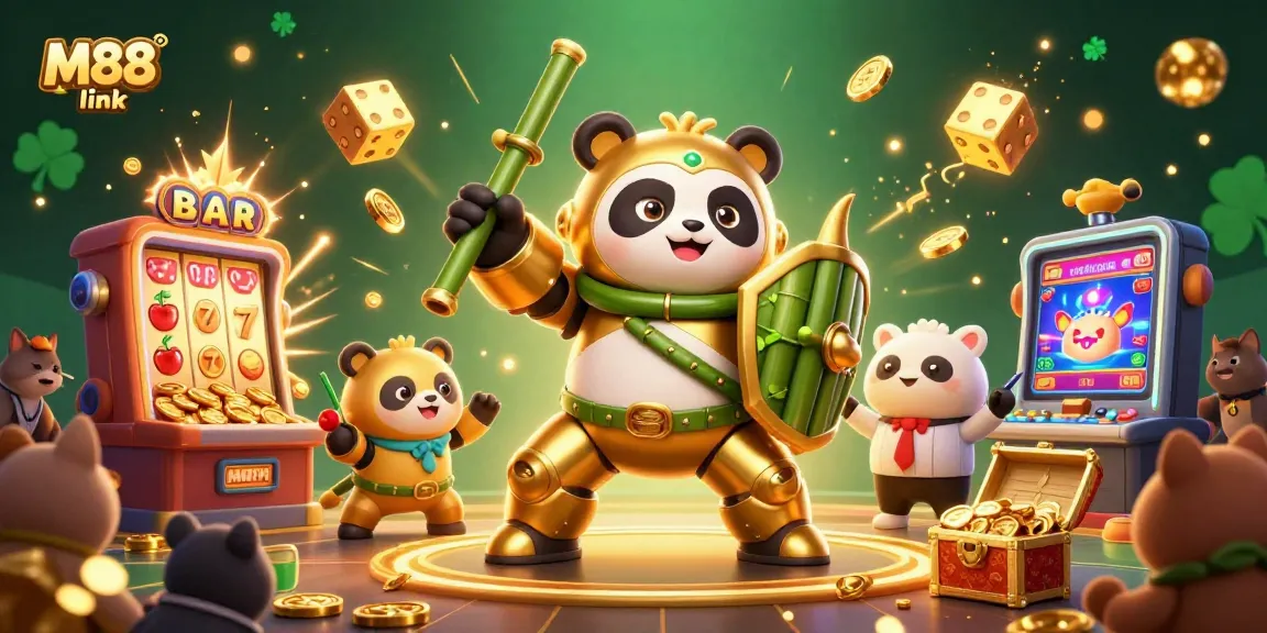 Experience M88 link with thrilling casino action in a vibrant 3D illustration featuring jackpot elements and a dynamic arena.