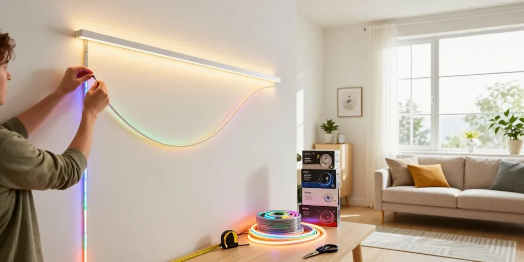 Aranjarea benzii LED pentru iluminatul modern al unei camere primitoare, cu lumini vibrante și atmosferă creativă.