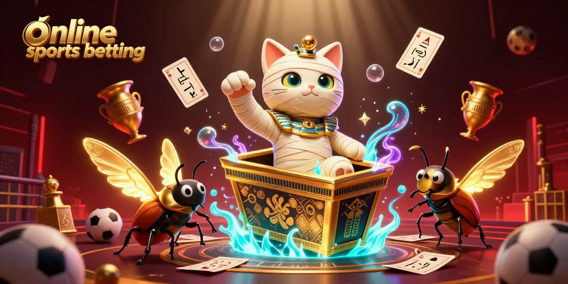 Engage in online sports betting with this vibrant 3D illustration featuring a mummy cat and scarab beetle.