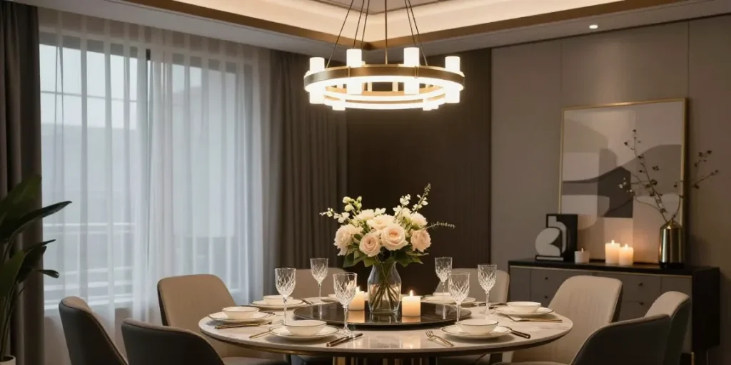 Candelabru modern elegant în dining, atmosferă rafinată cu detalii de decor.