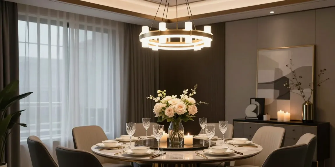 Candelabru modern elegant în dining, atmosferă rafinată cu detalii de decor.