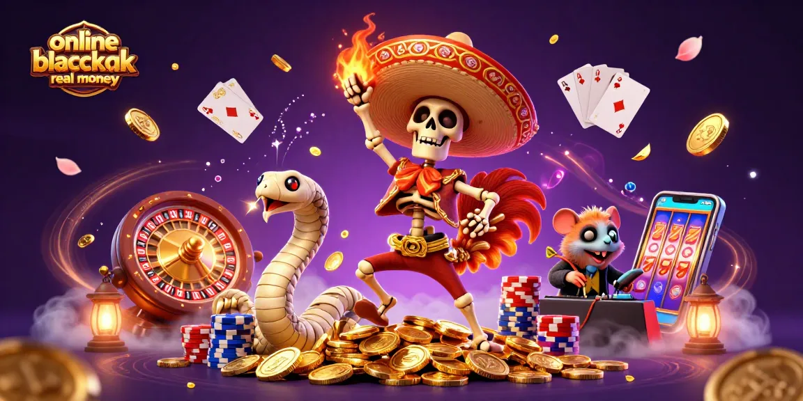 Enjoy online blackjack real money with dynamic characters and vibrant casino elements in this captivating illustration.