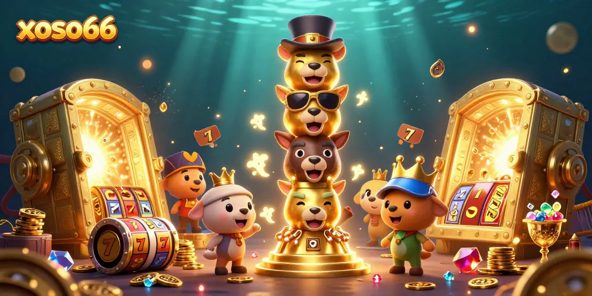 Experience the excitement of casino gaming with xoso66's dynamic golden totem and vibrant treasure-filled scene.